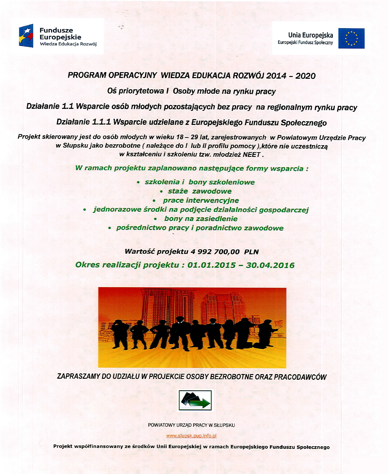 Plakat Aktywizacja osób młodych pozostających bez pracy w powiecie słupskim i mieście słupsk